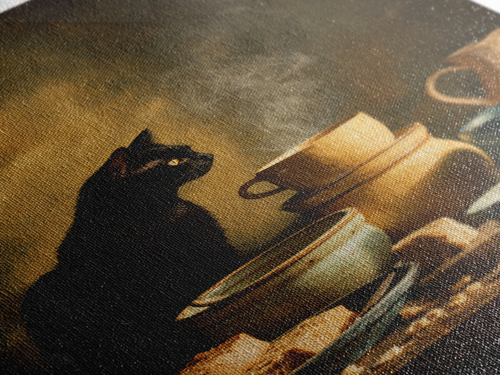 Black Cat Beside a Steaming Cup Framed Canvas Print, Coffee Shop Art, Wall Decor, Cafe Decor, Fine Art, Cafe, Kitchen Gift, CSA-2x3-22