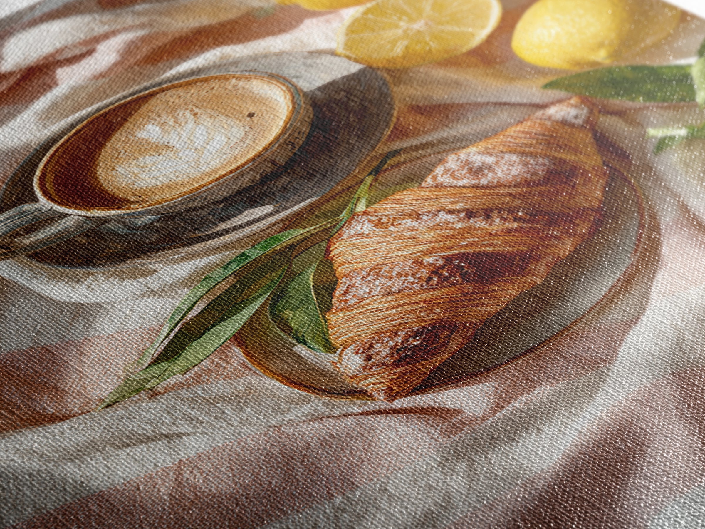 Croissant and Cappuccino on Striped Cloth Canvas Print, Coffee Shop Art, Dark Academia Decor, Cafe Decor, Fine Art, Cafe, CSA-2x3-61