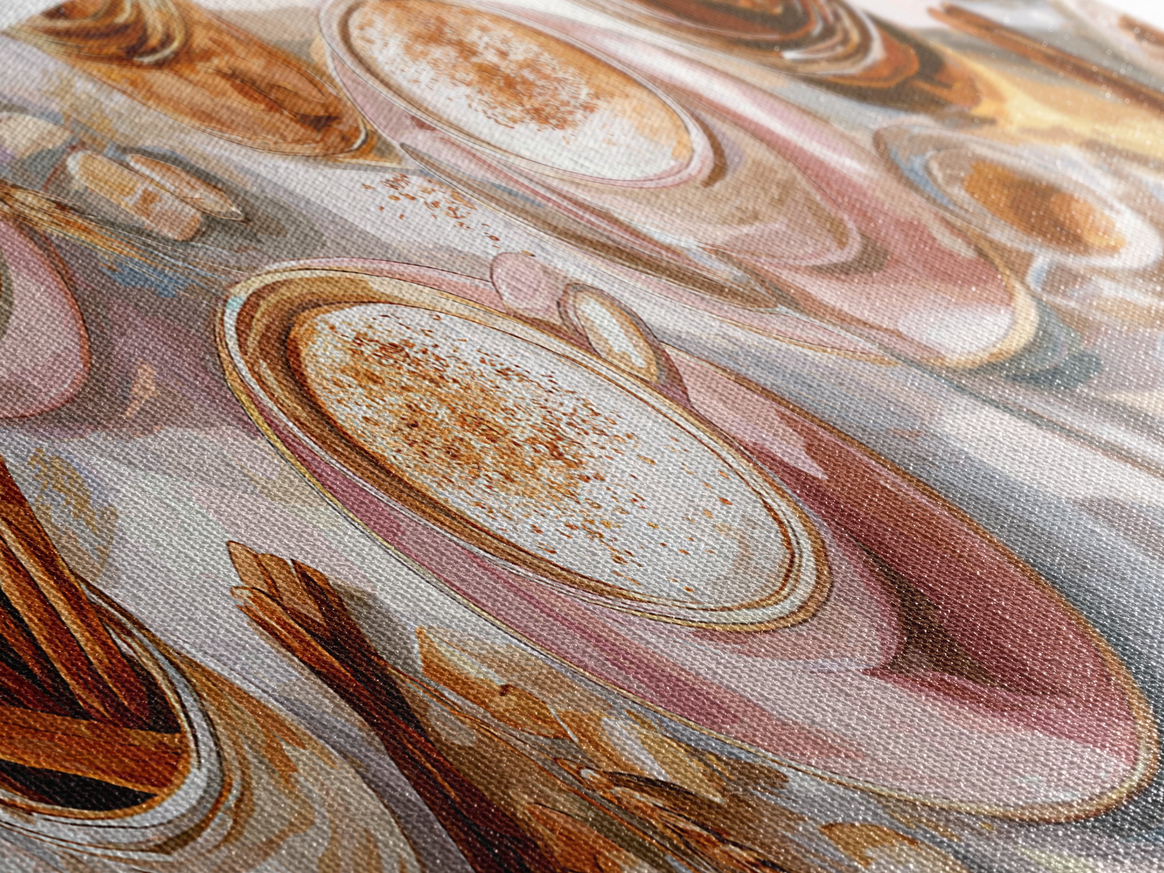 Cinnamon Sticks and Cappuccino Foam Still Life Canvas Print, Coffee Shop Art, Wall Art, Cafe Decor, Oil Painting, Cafe, CSA-3x1-88
