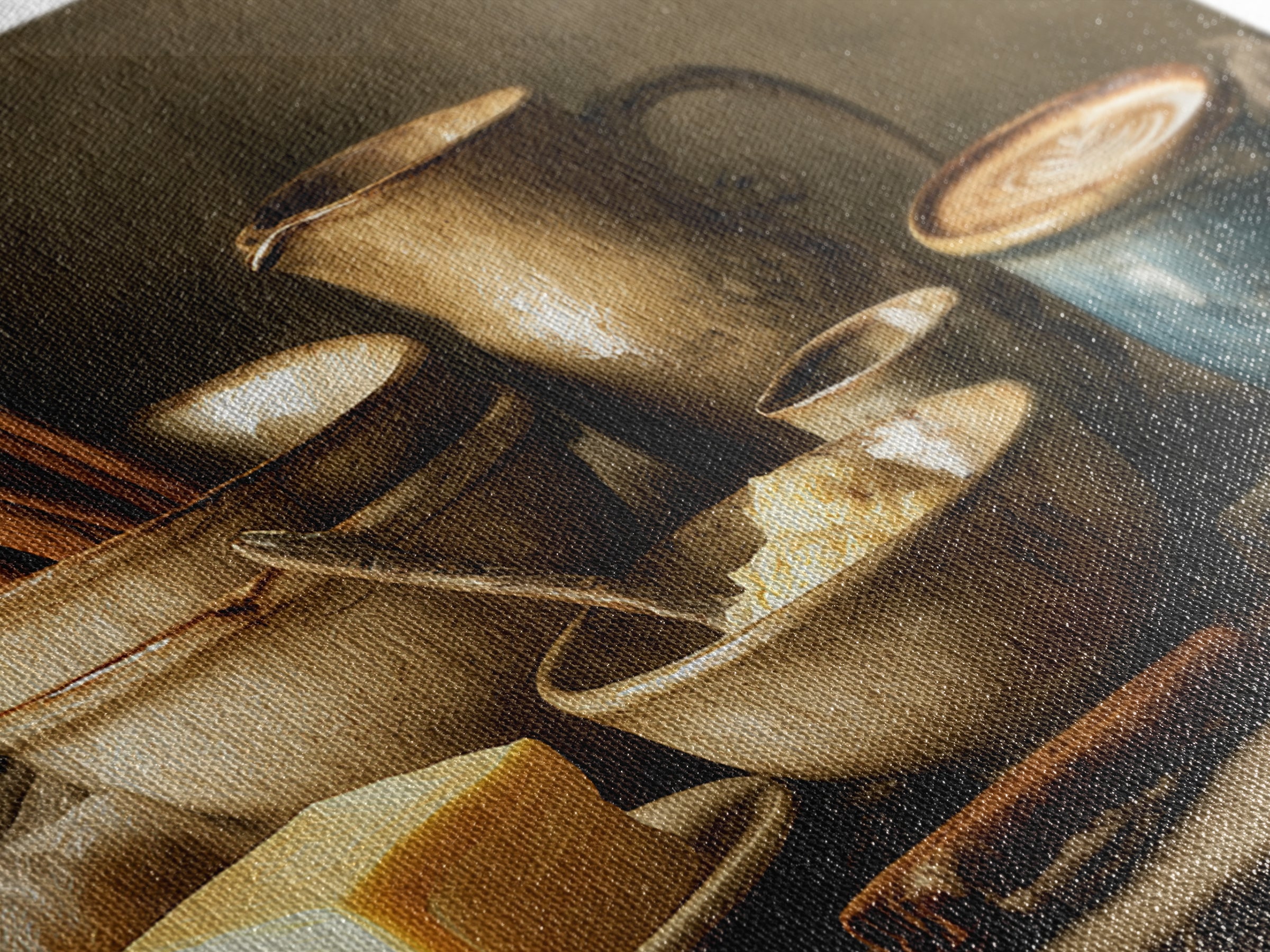 Cinnamon Sticks and Cappuccino Foam Still Life Framed Canvas Print, Coffee Shop Art, Wall Art, Cafe Decor, Oil Painting, Cafe, CSA-3x2-100