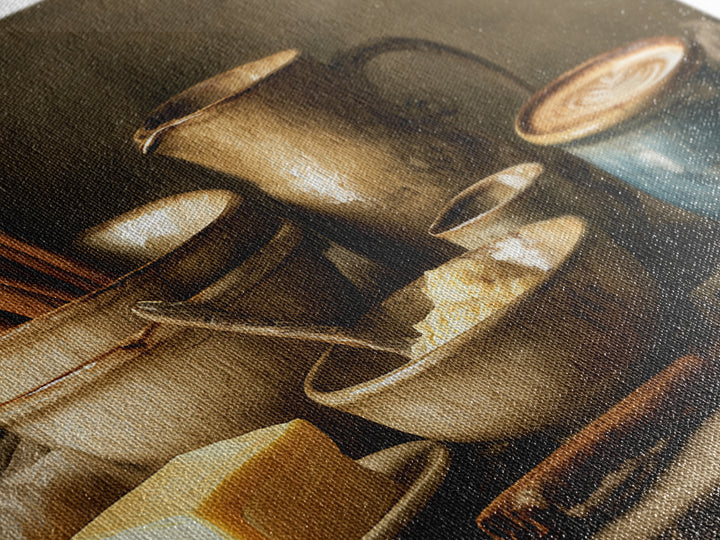 Cinnamon Sticks and Cappuccino Foam Still Life Framed Canvas Print, Coffee Shop Art, Wall Art, Cafe Decor, Oil Painting, Cafe, CSA-3x2-100