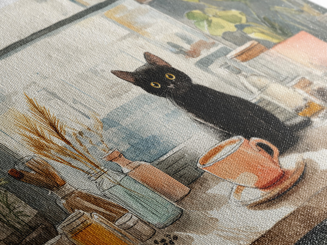 Black Cat Beside a Steaming Cup Canvas Print, Coffee Shop Art, Canvas Print, Cafe Decor, Fine Art, Cafe, Neutral Decor, CSA-3x2-42