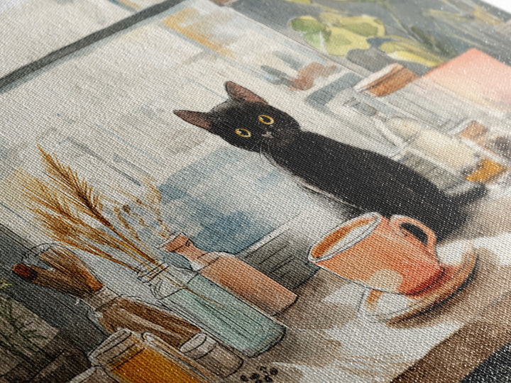 Black Cat Beside a Steaming Cup Canvas Print, Coffee Shop Art, Canvas Print, Cafe Decor, Fine Art, Cafe, Neutral Decor, CSA-3x2-42