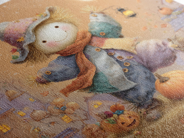 The Button-Nosed Scarecrow, Storybook Halloween Art, Square Wall Art, Canvas Print, Halloween Kids Decor, Whimsical Wall Art