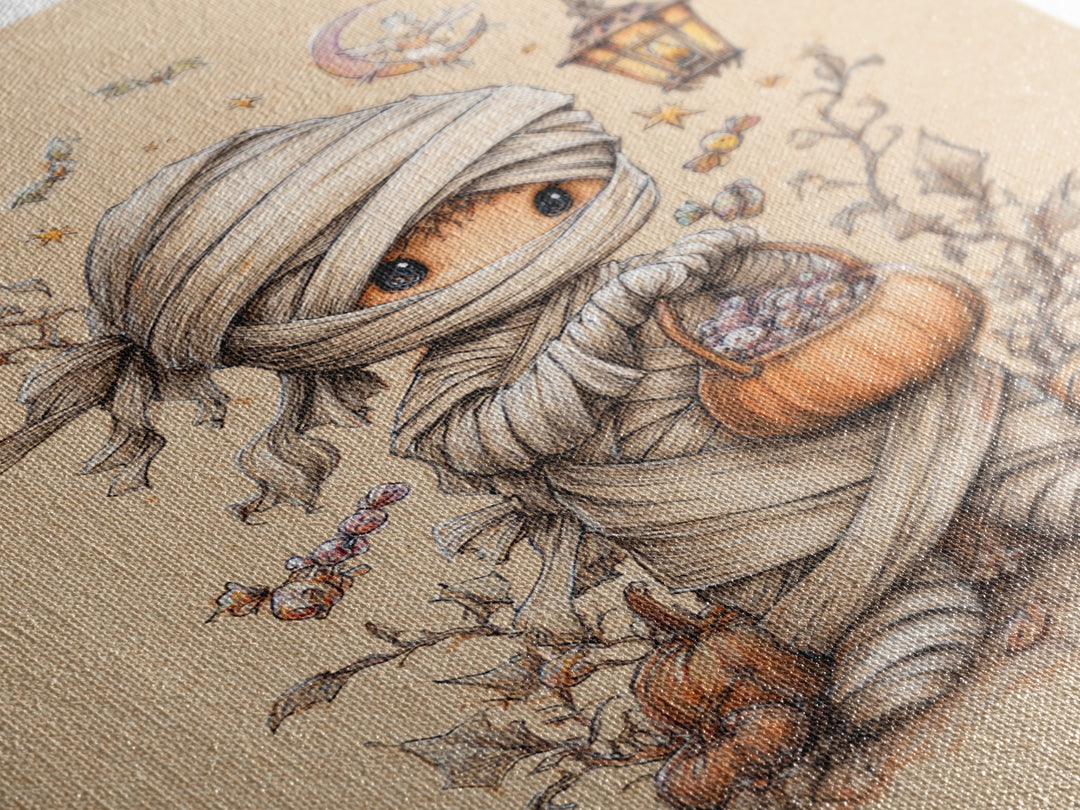 The Shy Little Mummy, Hand Sketch Halloween Art, Vertical Wall Art, Canvas Print, Cute Halloween Wall Art