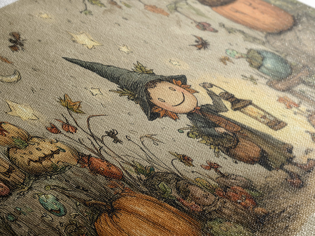The Acorn Goblin, Crayon Halloween Art, Wide Panoramic Art, Framed Canvas Print, Cute Halloween Wall Art