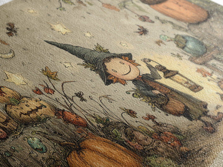 The Acorn Goblin, Crayon Halloween Art, Wide Panoramic Art, Framed Canvas Print, Cute Halloween Wall Art