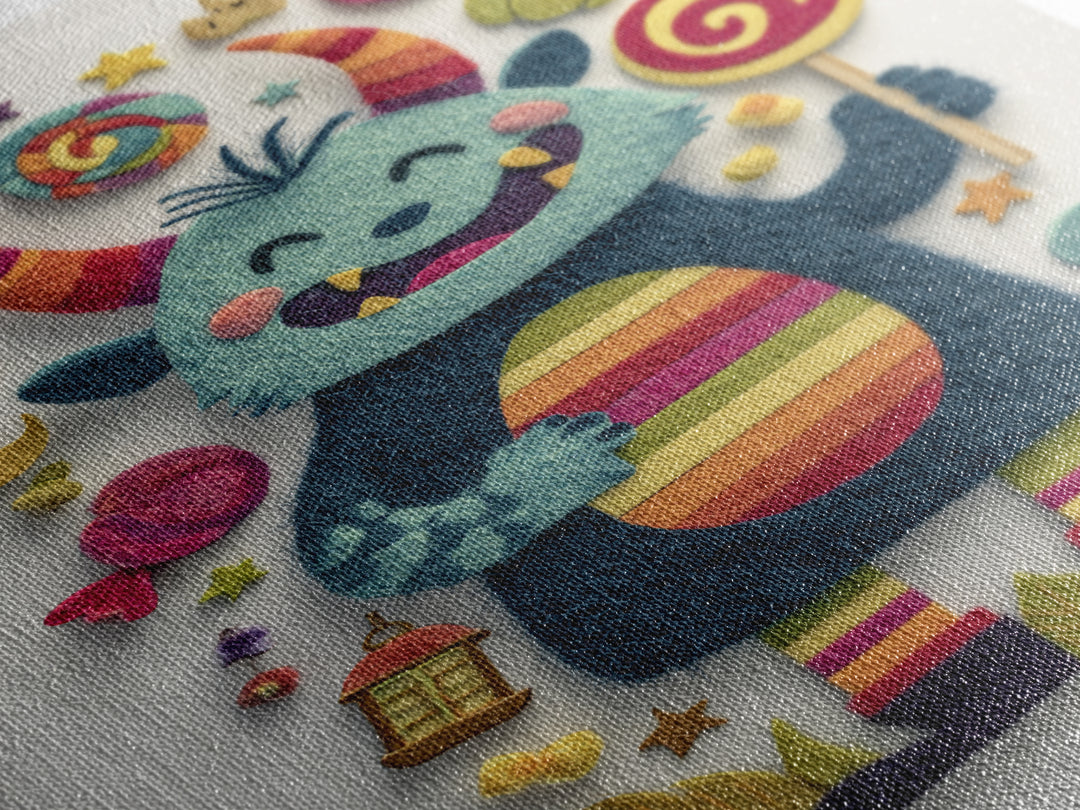 The Rainbow Monster, Felt Halloween Art, Vertical Wall Art, Canvas Print, Cute Halloween Wall Art, Whimsical Nursery Decor
