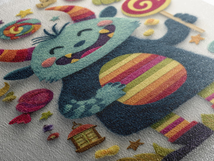The Rainbow Monster, Felt Halloween Art, Vertical Wall Art, Canvas Print, Cute Halloween Wall Art, Whimsical Nursery Decor