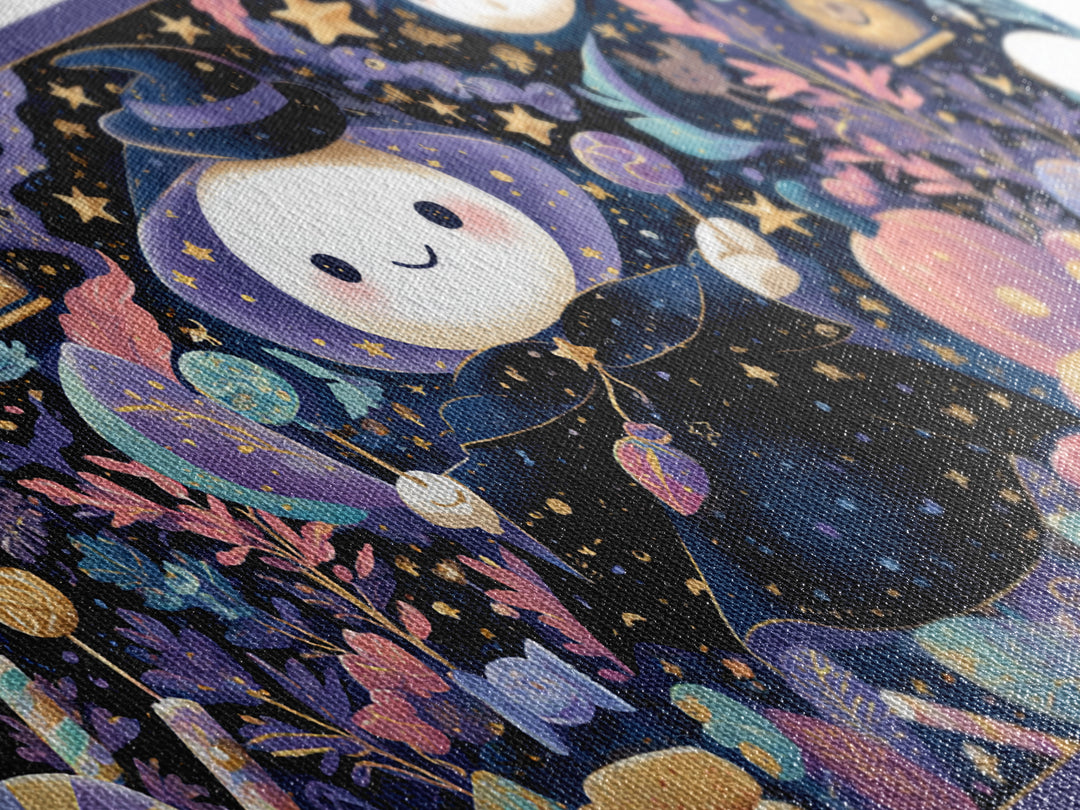The Star-Cape Magician, Kawaii Halloween Art, Wide Panoramic Art, Framed Canvas Print, Cute Halloween Wall Art