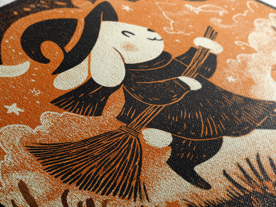 The Bunny Witch, Linocut Halloween Art, Landscape Wall Art, Framed Canvas Print, Cute Halloween Wall Art
