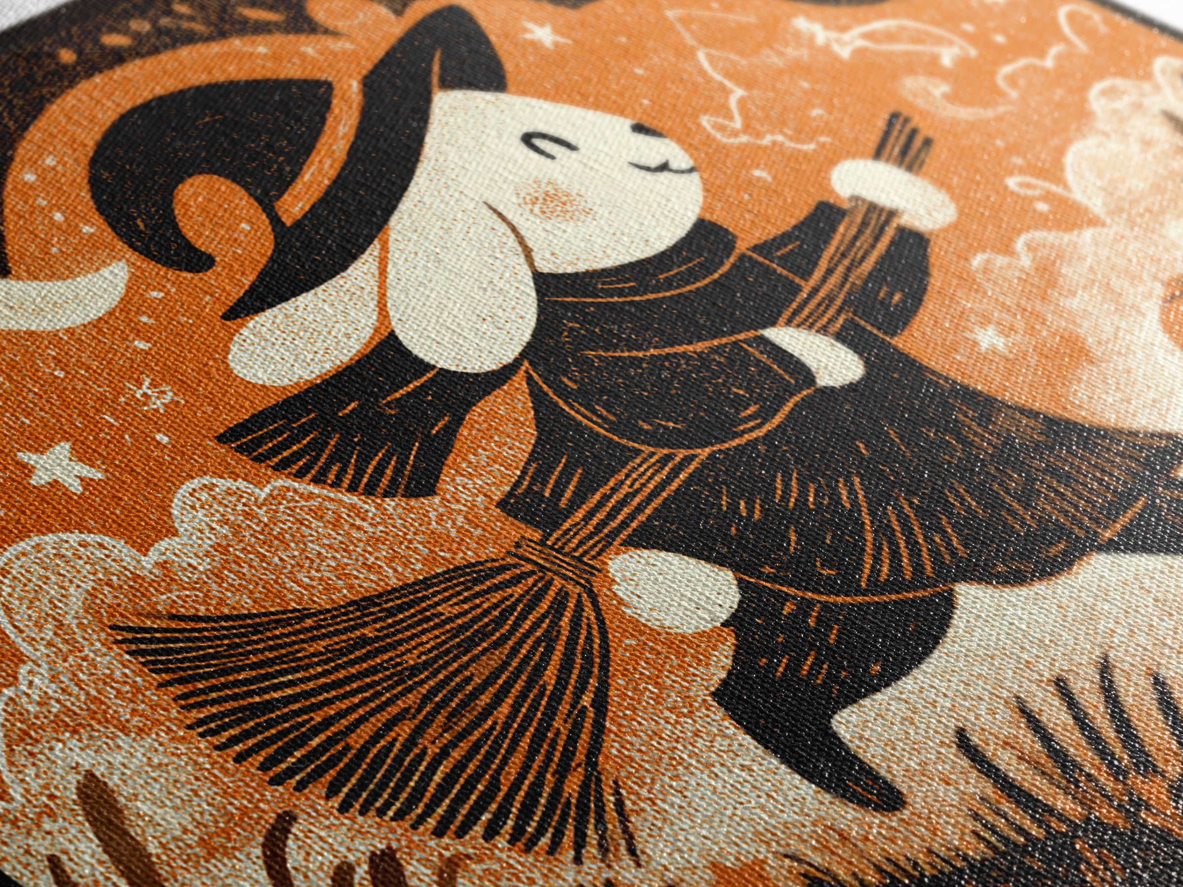 The Bunny Witch, Linocut Halloween Art, Landscape Wall Art, Framed Canvas Print, Cute Halloween Wall Art
