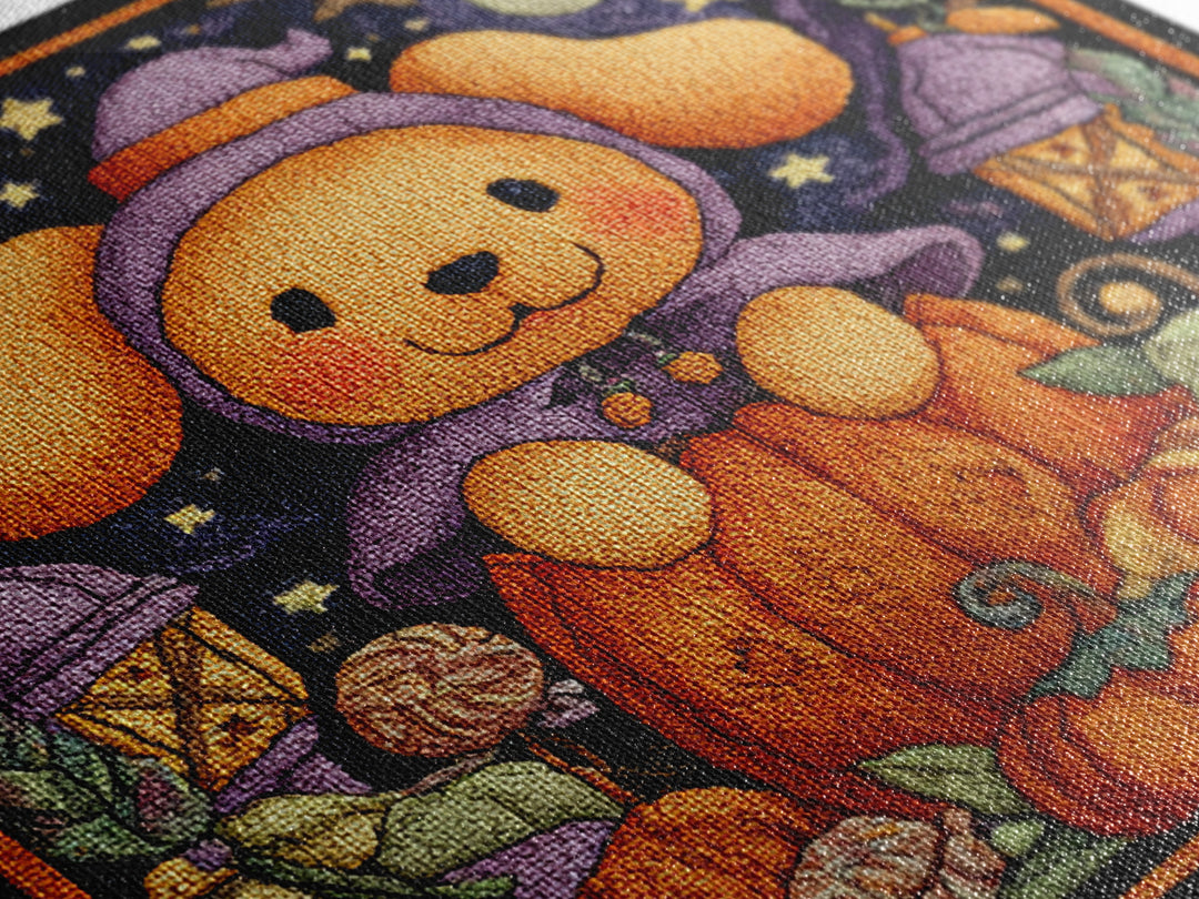 The Pumpkin Puppy, Embroidered Halloween Art, Square Wall Art, Canvas Print, Cute Halloween Wall Art
