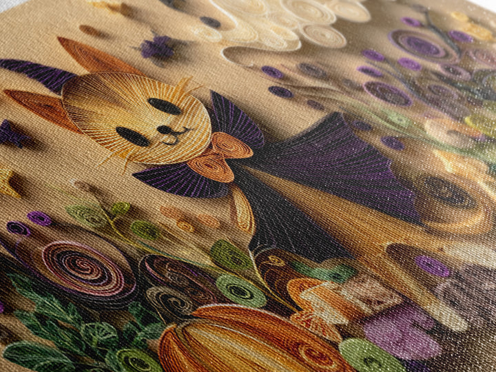 The Kitten Vampire, Quilled Halloween Art, Wide Panoramic Art, Framed Canvas Print, Cute Halloween Wall Art