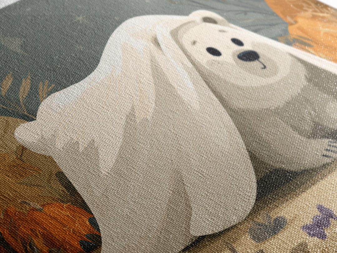 The Bear Cub Ghost, Vector Halloween Art, Landscape Wall Art, Framed Canvas Print, Cute Halloween Wall Art