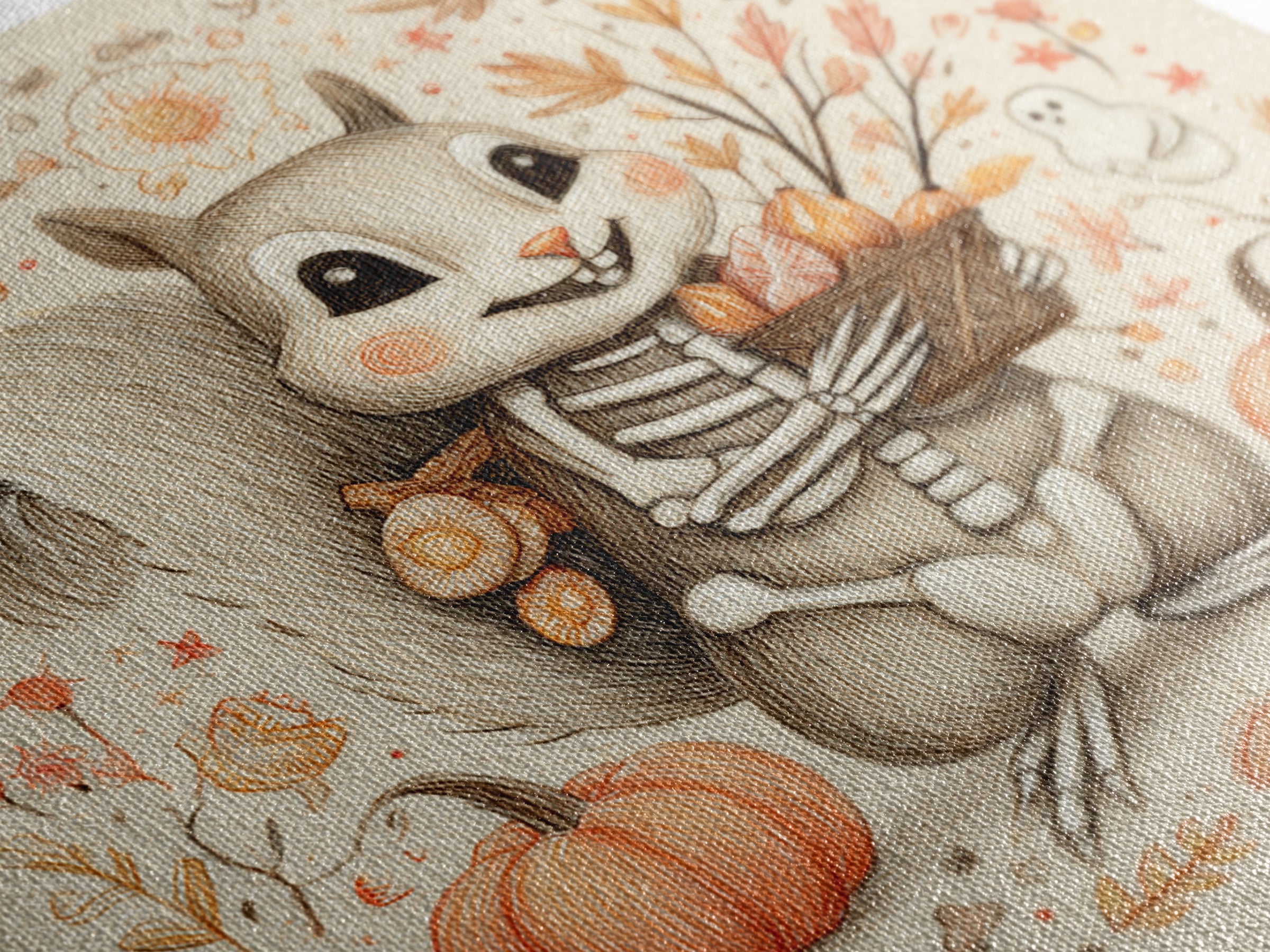 The Squirrel Skeleton, Hand Sketch Halloween Art, Square Wall Art, Canvas Print, Cute Halloween Wall Art