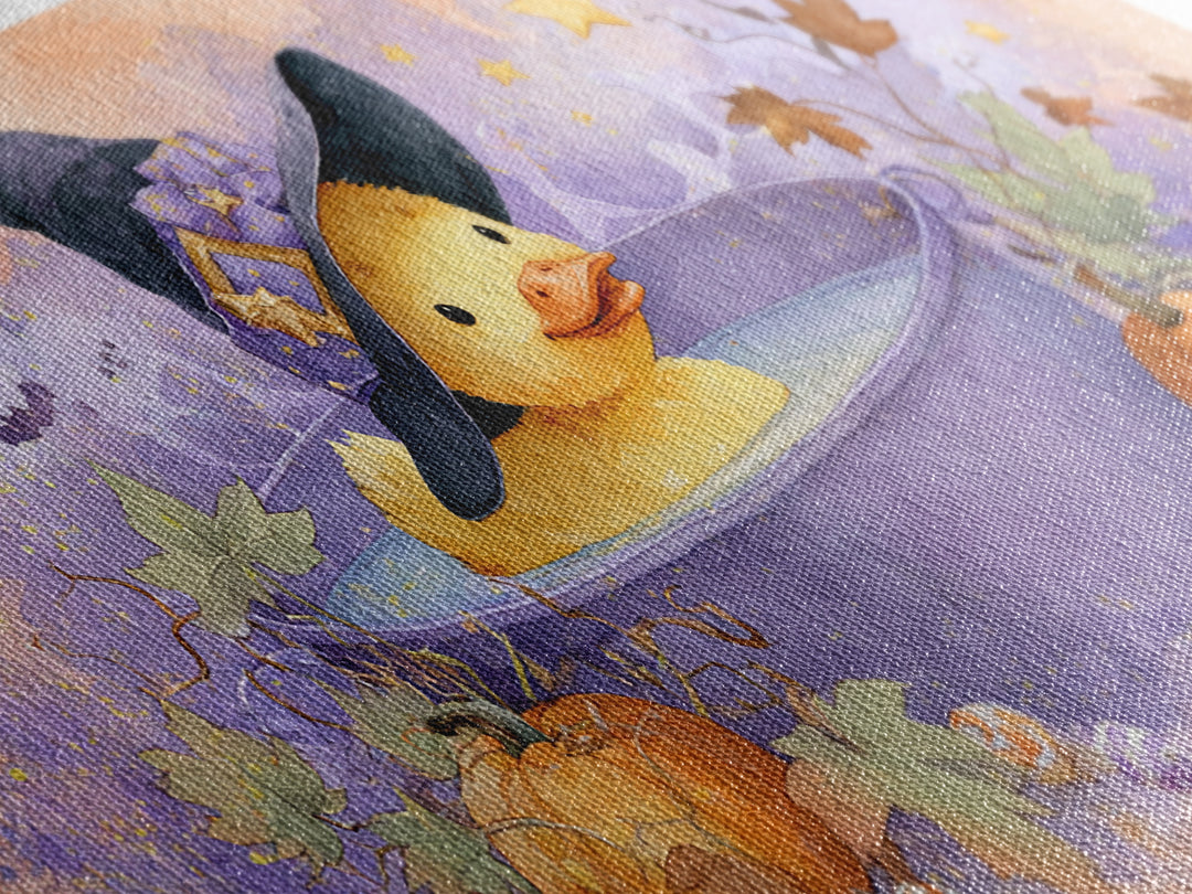 The Duckling Witch, Watercolor Halloween Art, Wide Panoramic Art, Framed Canvas Print, Cute Halloween Wall Art
