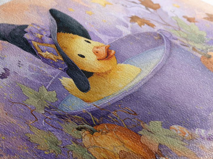 The Duckling Witch, Watercolor Halloween Art, Wide Panoramic Art, Framed Canvas Print, Cute Halloween Wall Art