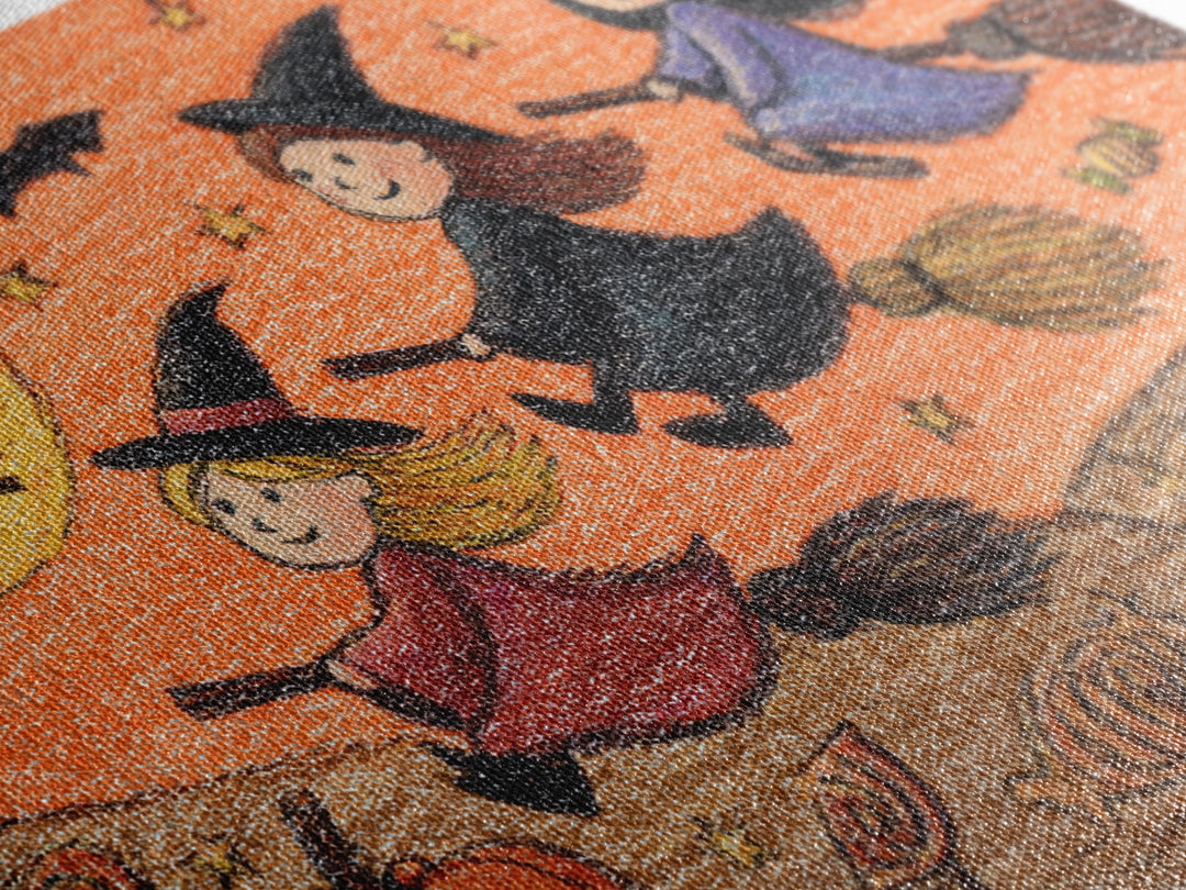 The Broomstick Riding Lesson, Crayon Halloween Art, Landscape Wall Art, Framed Canvas Print, Cute Halloween Wall Art