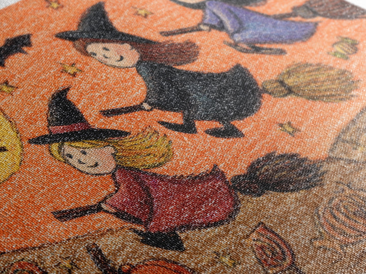 The Broomstick Riding Lesson, Crayon Halloween Art, Landscape Wall Art, Framed Canvas Print, Cute Halloween Wall Art