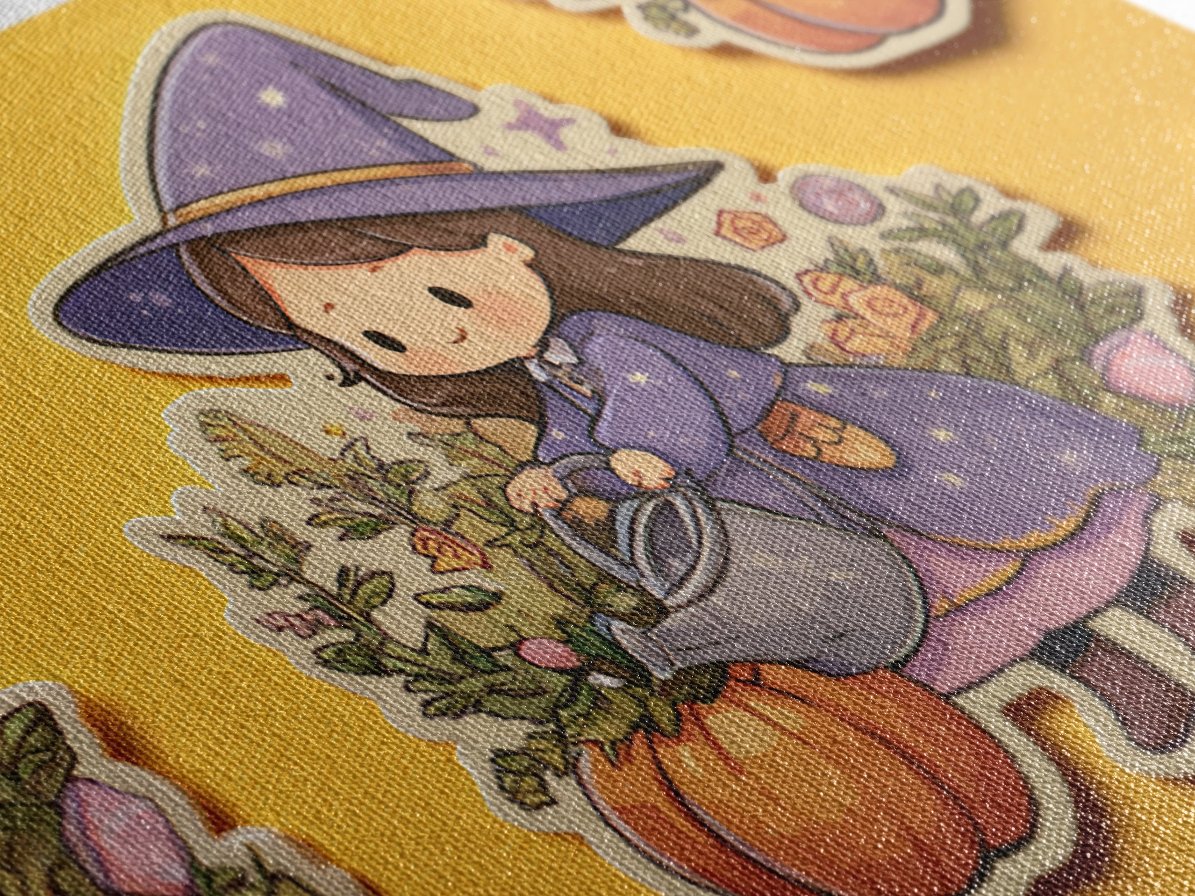 The Moon Garden Witch, Kawaii Halloween Art, Landscape Wall Art, Framed Canvas Print, Cute Halloween Wall Art