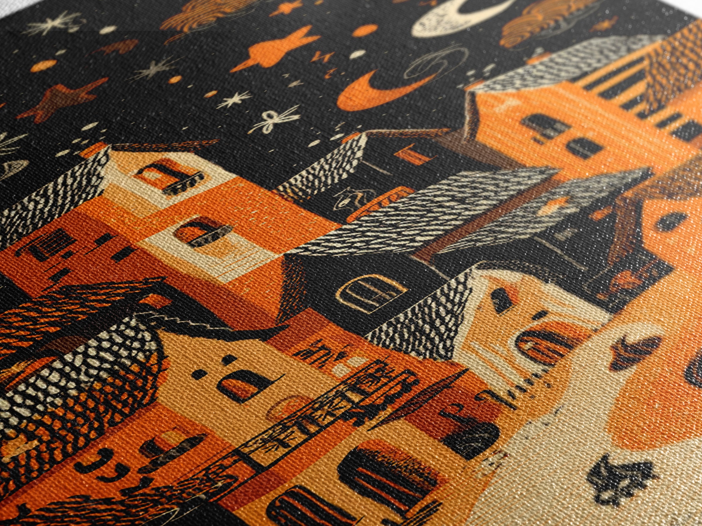 Candy Corn Village, Linocut Halloween Art, Tall Narrow Wall Art, Framed Canvas Print, Cute Halloween Wall Art