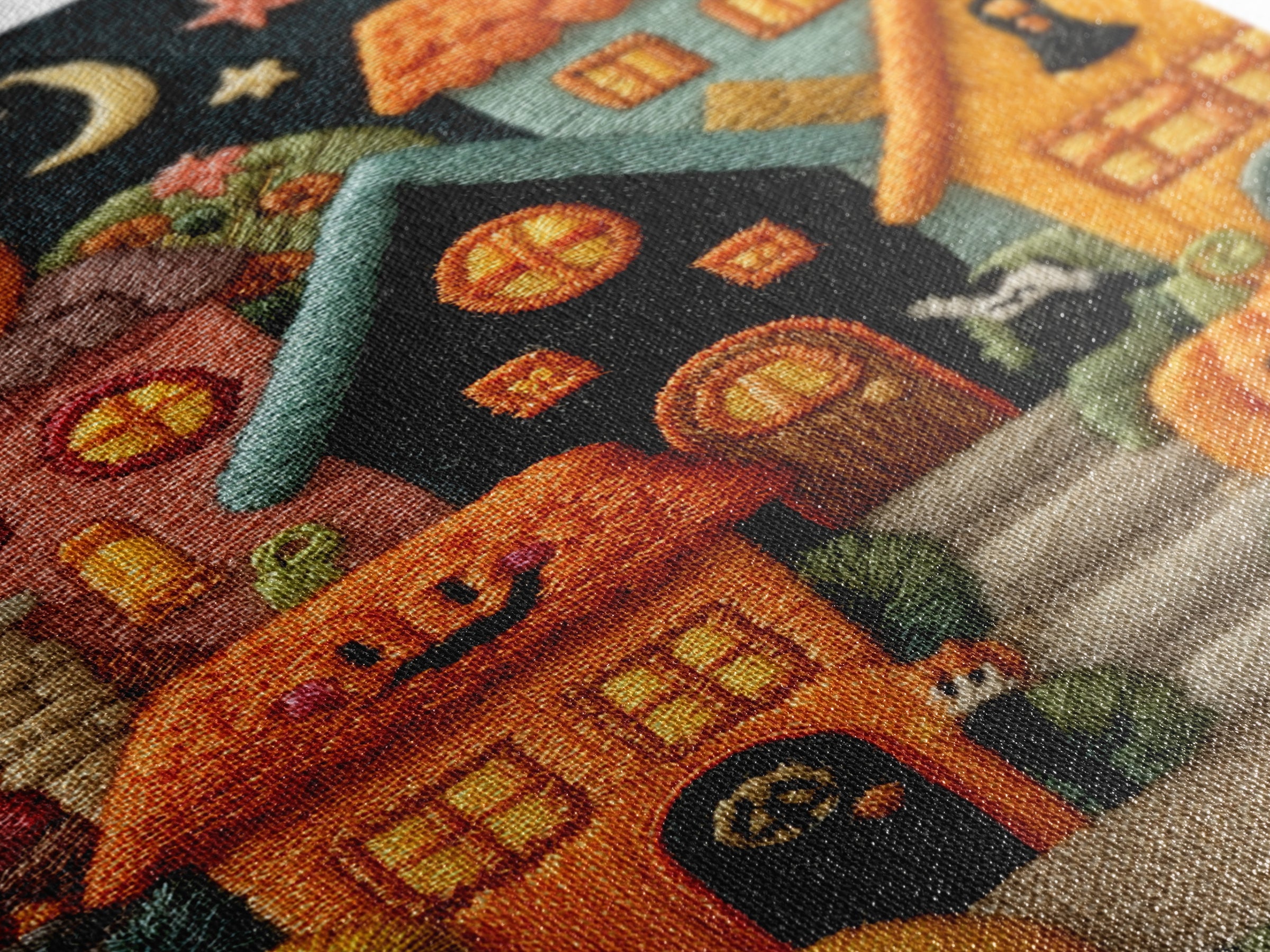 Pumpkin Cottage Lane, Embroidered Halloween Art, Vertical Wall Art, Canvas Print, Cute Halloween Wall Art