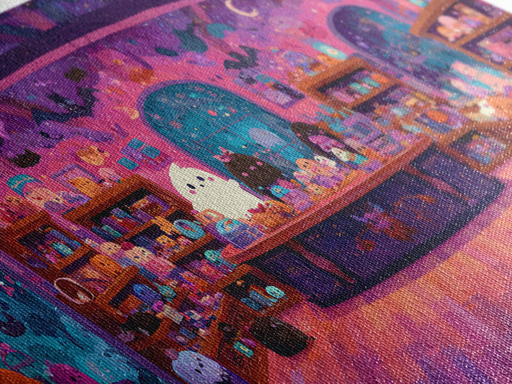 The Moonlight Toy Shop, Vaporwave Halloween Art, Wide Panoramic Art, Framed Canvas Print, Cute Halloween Wall Art