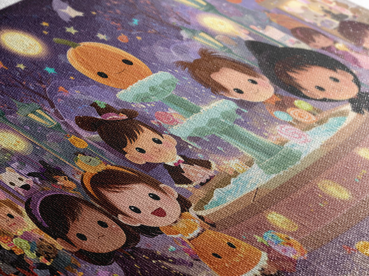 The Trick-Or-Treat Village Square, Kawaii Halloween Art, Wide Panoramic Art, Framed Canvas Print, Cute Halloween Wall Art