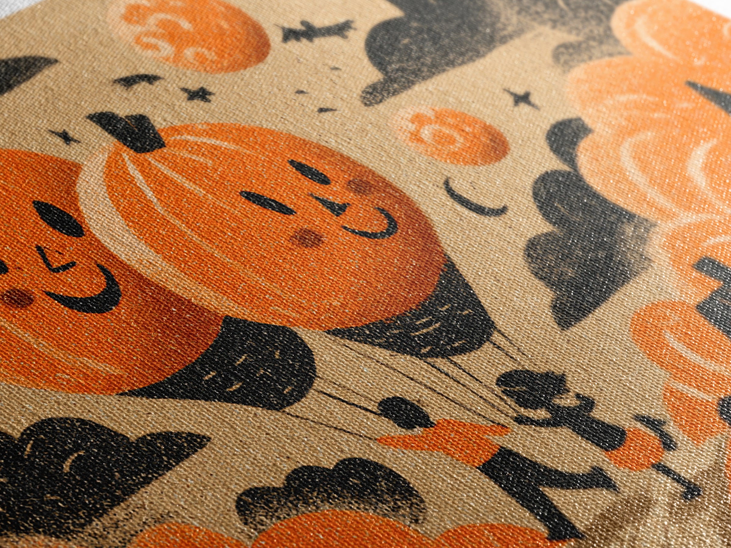 The Pumpkin Balloon Parade, Linocut Halloween Art, Landscape Wall Art, Framed Canvas Print, Cute Halloween Wall Art