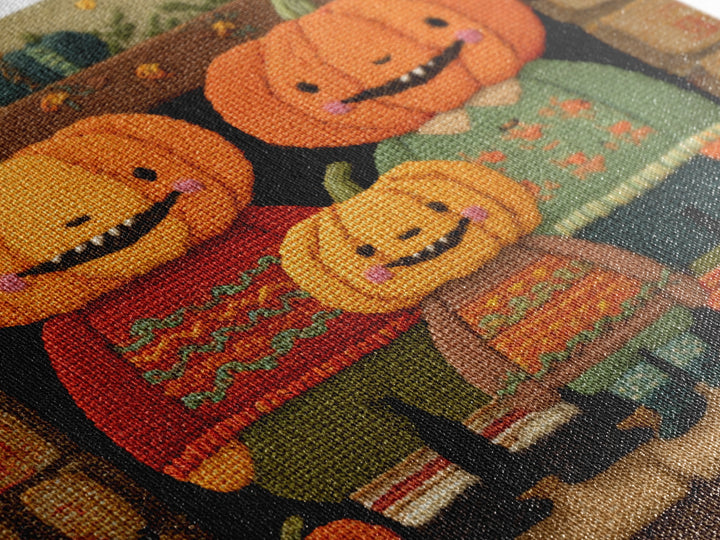 The Pumpkin Family Portrait, Embroidered Halloween Art, Square Wall Art, Canvas Print, Cute Halloween Wall Art