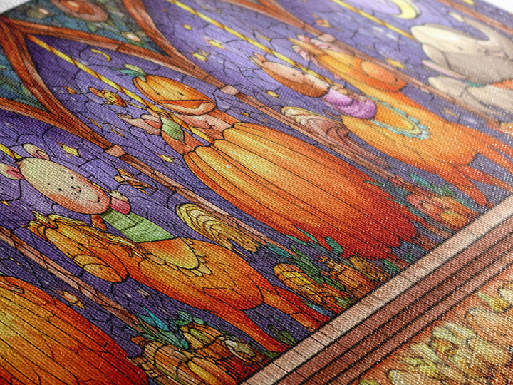 The Pumpkin Carousel, Stained Glass Halloween, Extra Wide Wall Art, Canvas Print, Cute Halloween Wall Art