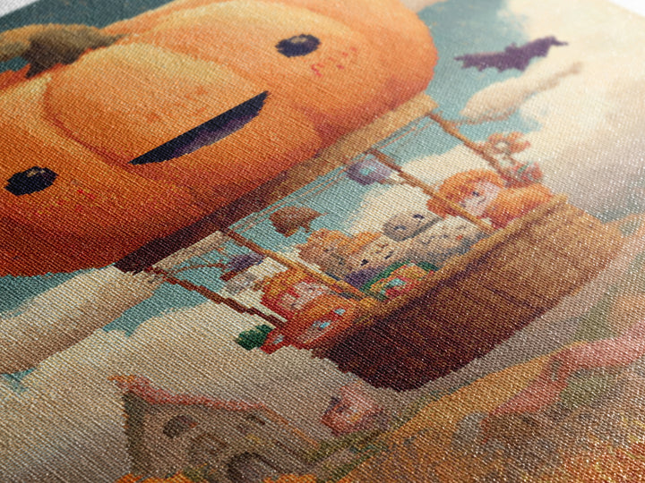 The Pumpkin Hot-Air Balloon, Pixel Halloween Art, Vertical Wall Art, Canvas Print, Cute Halloween Wall Art