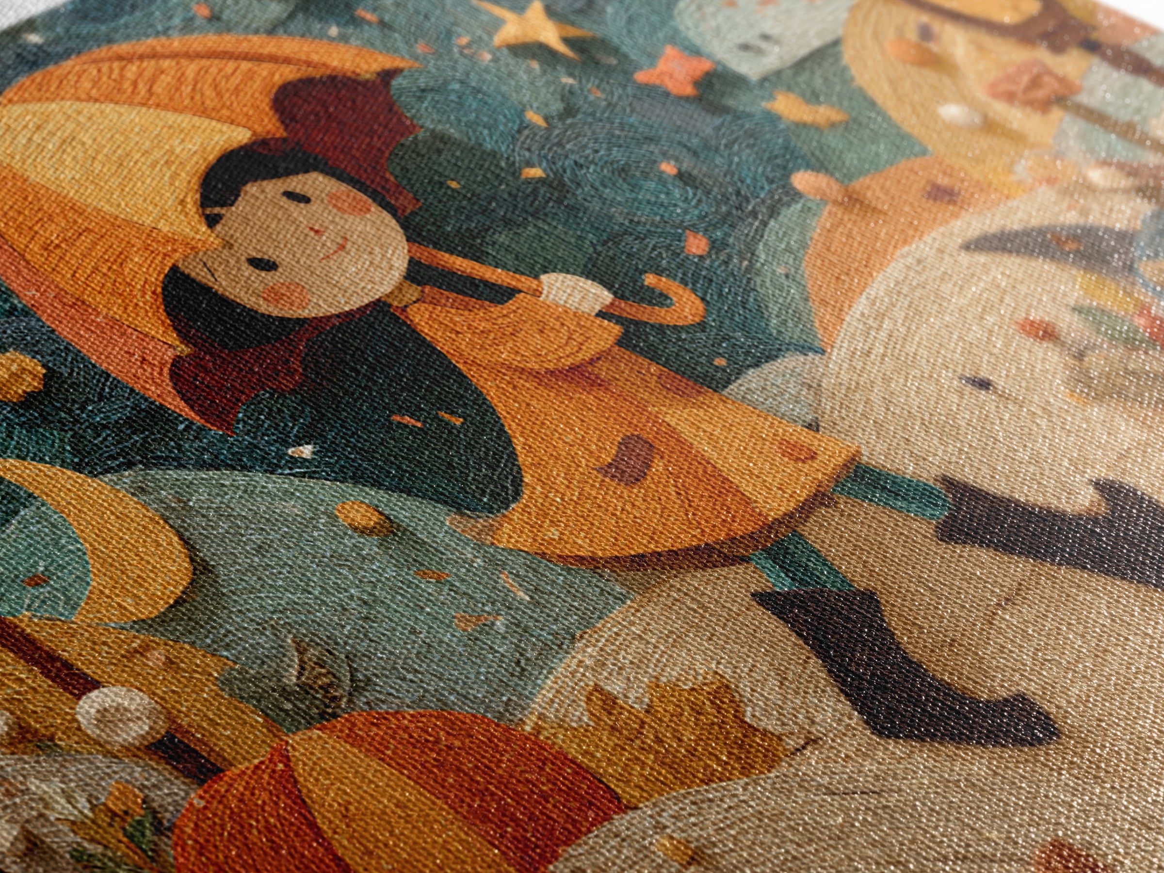 The Pumpkin Umbrella, Paper Collage Halloween, Landscape Wall Art, Framed Canvas Print, Cute Halloween Wall Art