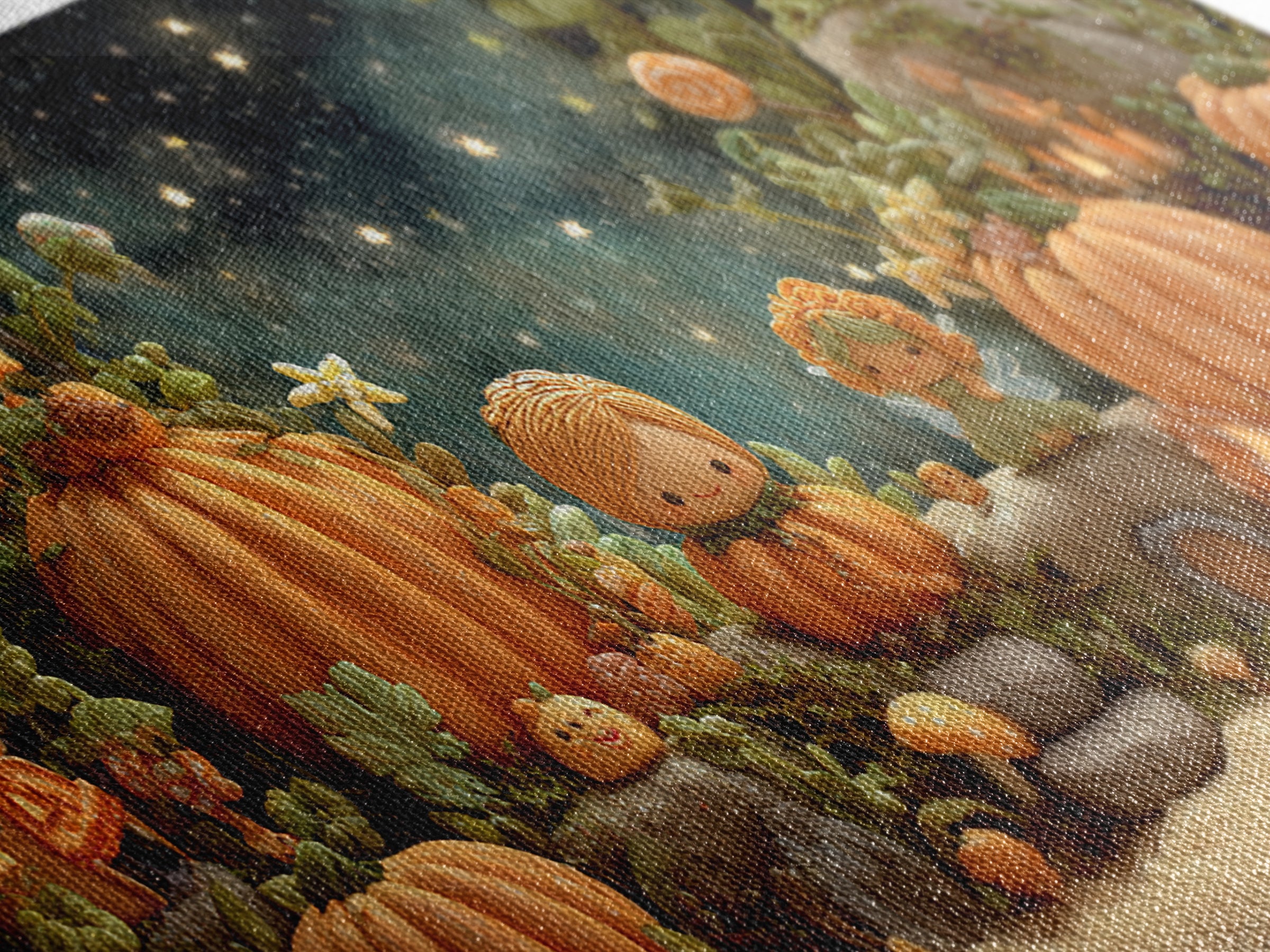 The Pumpkin Fairy Garden, Clay Halloween Art, Wide Panoramic Art, Framed Canvas Print, Cute Halloween Wall Art