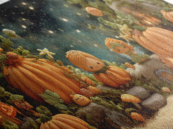 The Pumpkin Fairy Garden, Clay Halloween Art, Wide Panoramic Art, Framed Canvas Print, Cute Halloween Wall Art