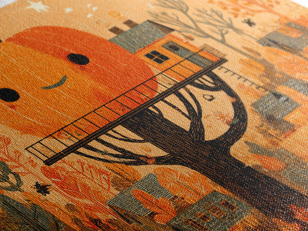 The Pumpkin Treehouse, Screenprint Halloween Art, Landscape Wall Art, Framed Canvas Print, Cute Halloween Wall Art