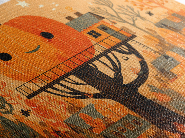 The Pumpkin Treehouse, Screenprint Halloween Art, Landscape Wall Art, Framed Canvas Print, Cute Halloween Wall Art