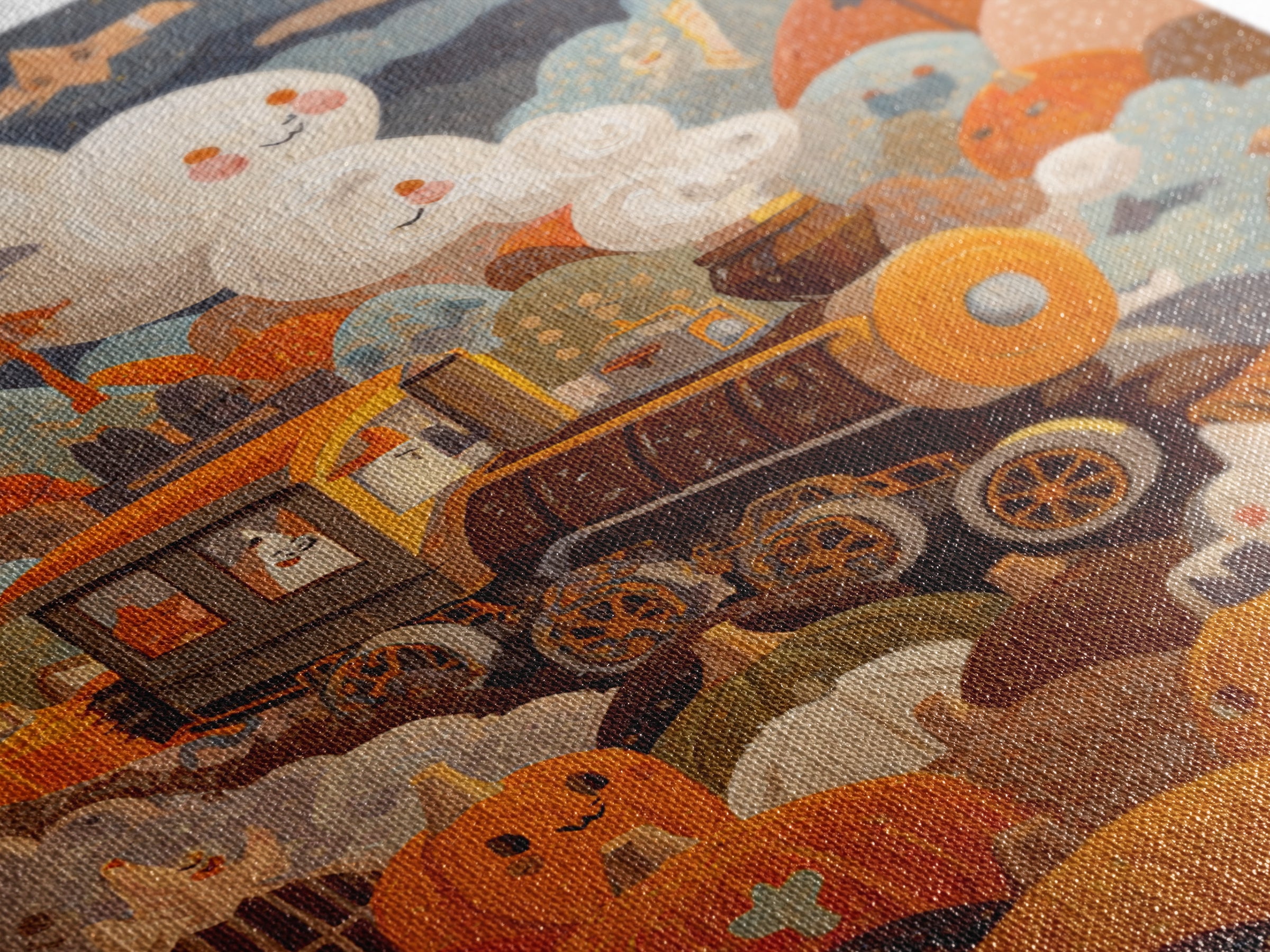 The Chocolate Pumpkin Train, Gouache Halloween Art, Vertical Wall Art, Canvas Print, Cute Halloween Wall Art