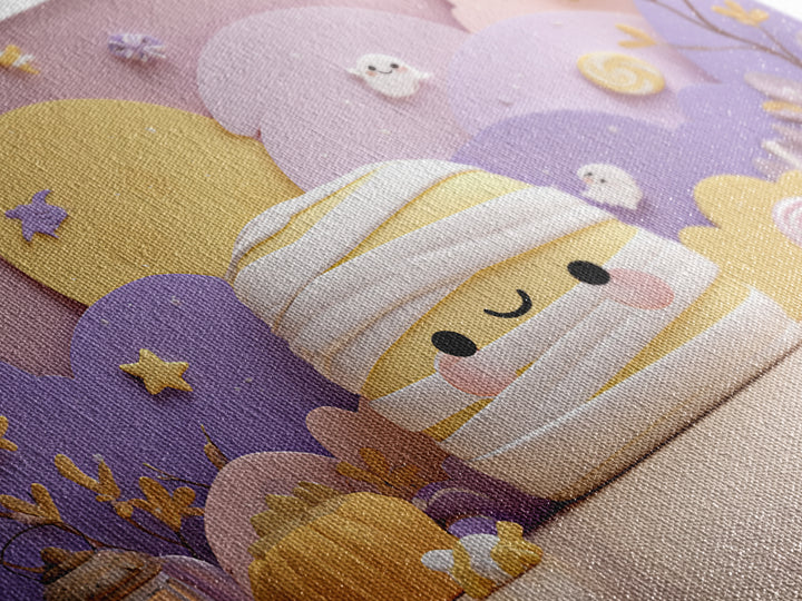 The Popcorn Mummy, Kawaii Halloween Art, Landscape Wall Art, Framed Canvas Print, Cute Halloween Wall Art