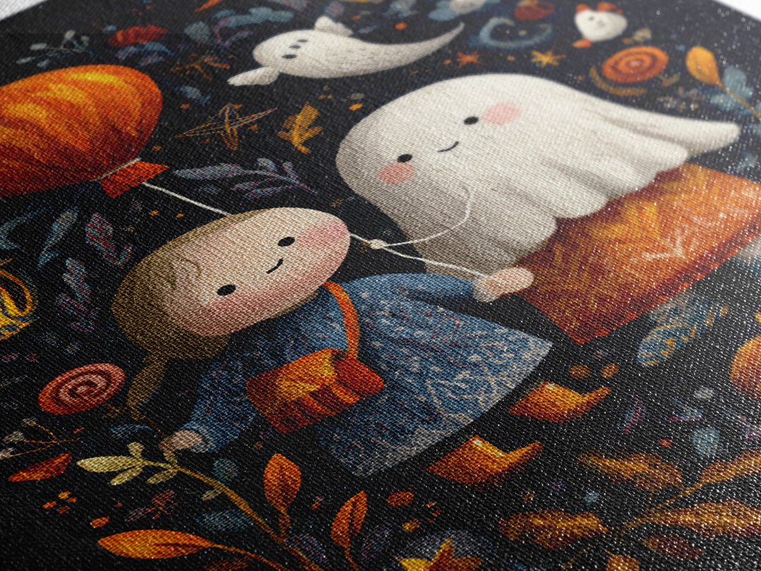The Ghost Balloon Friend, Embroidered Halloween Art, Vertical Wall Art, Canvas Print, Cute Halloween Wall Art