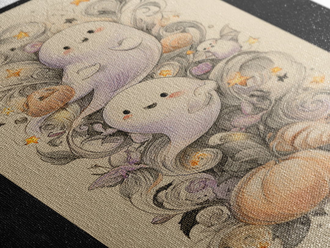 The Ghost And Firefly Friends, Hand Sketch Halloween Art, Vertical Wall Art, Canvas Print, Cute Halloween Wall Art