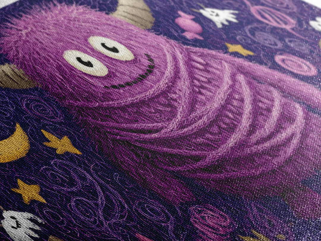 The Fuzzy Purple Monster, Crayon Halloween Art, Wide Panoramic Art, Framed Canvas Print, Cute Halloween Wall Art