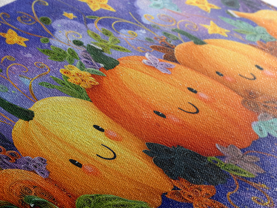 The Pumpkin Painting Party, Quilled Halloween Art, Wide Panoramic Art, Framed Canvas Print, Cute Halloween Wall Art