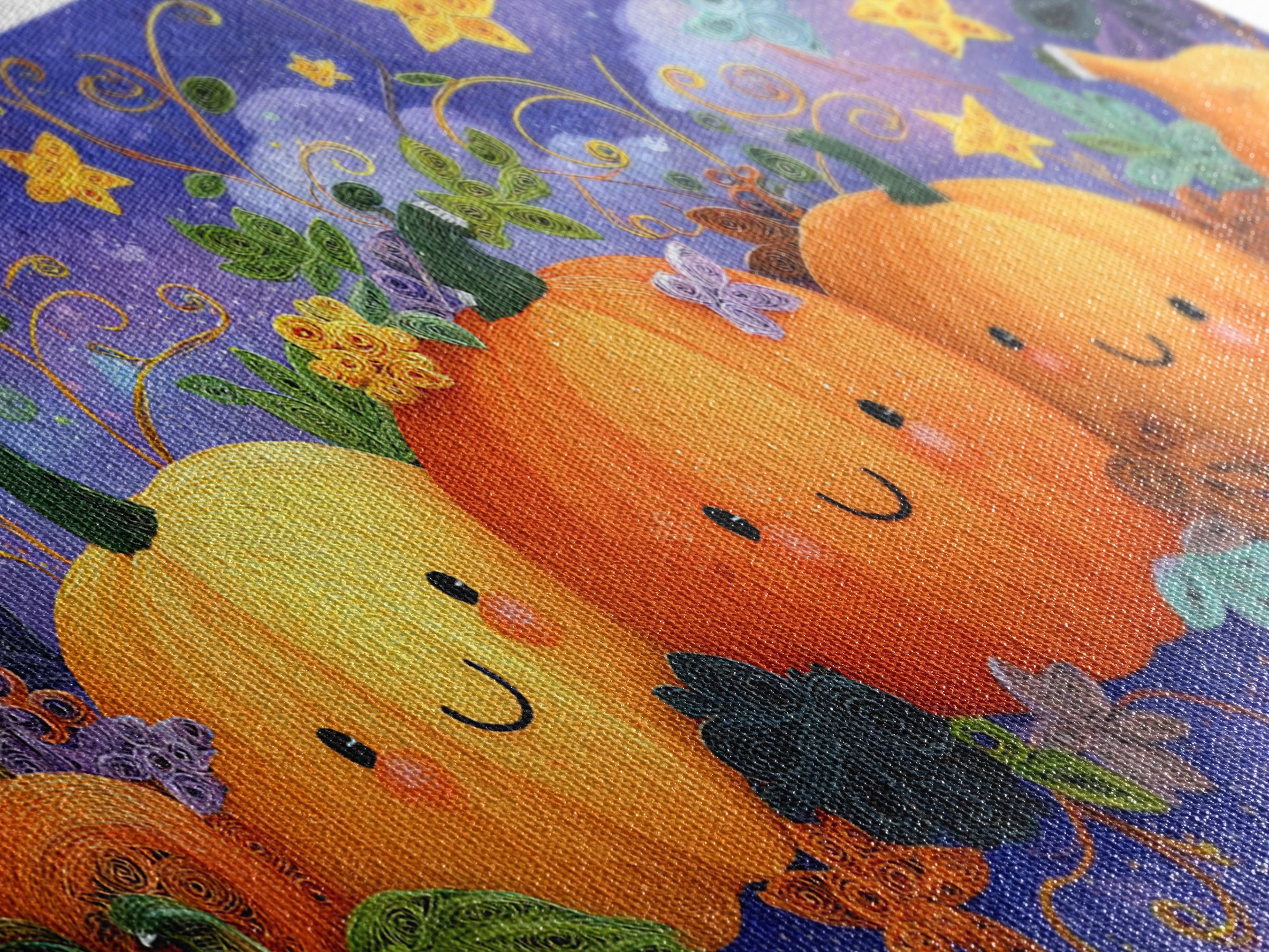 The Pumpkin Painting Party, Quilled Halloween Art, Wide Panoramic Art, Framed Canvas Print, Cute Halloween Wall Art