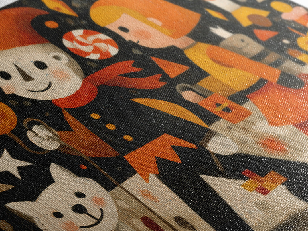 The Halloween Pet Parade, Screenprint Halloween Art, Landscape Wall Art, Framed Canvas Print, Cute Halloween Wall Art