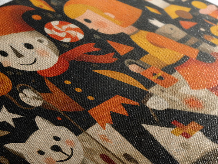 The Halloween Pet Parade, Screenprint Halloween Art, Landscape Wall Art, Framed Canvas Print, Cute Halloween Wall Art