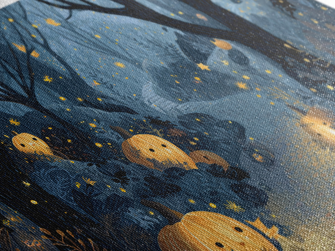 The Firefly Lantern Forest, Linocut Halloween Art, Wide Panoramic Art, Framed Canvas Print, Cute Halloween Wall Art