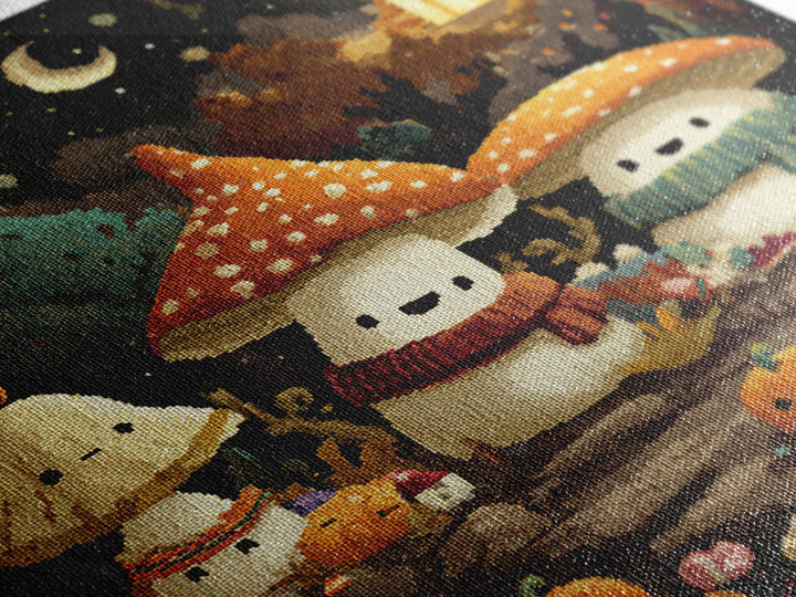The Friendly Mushroom Forest, Pixel Halloween Art, Square Wall Art, Canvas Print, Cute Halloween Wall Art