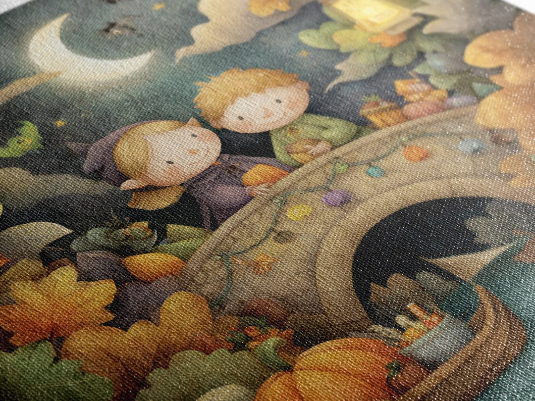 The Autumn Fairy Bridge, Pastel Halloween Art, Square Wall Art, Canvas Print, Cute Halloween Wall Art